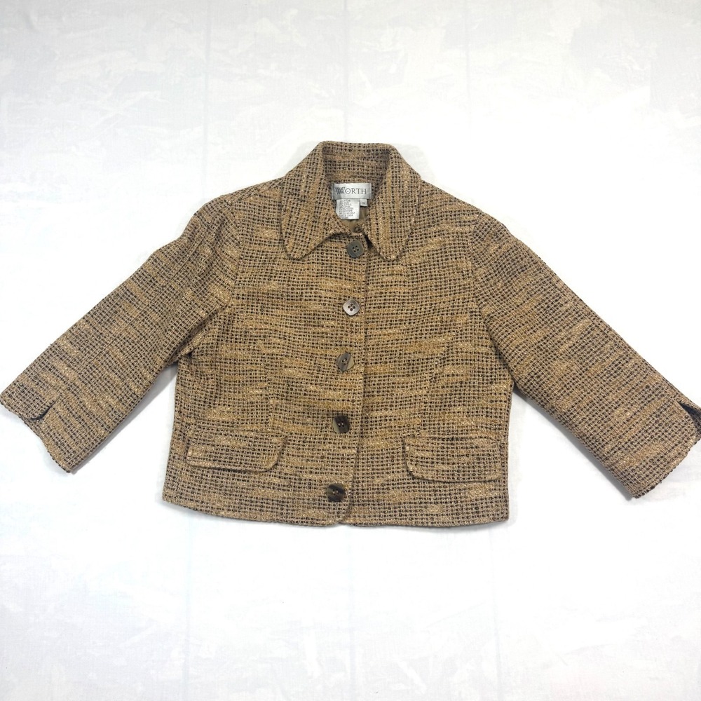 Worth Crop Jacket Womens 10 Brown Tweed Wool Blend Slit Sleeve Button Front